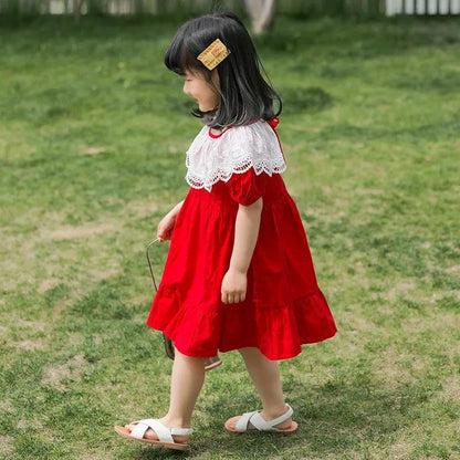 Girls Red Dress Summer Dress Children Summer Puff Sleeve Princess Skirt A-Line Dress Round Neck Short Sleeves