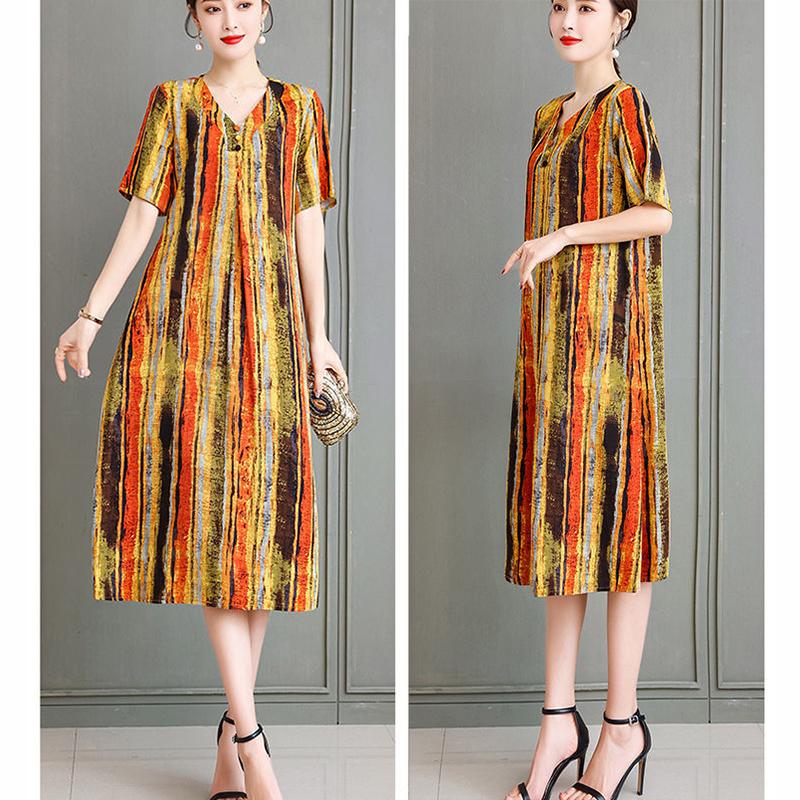 Loose Plus Size XL-XXXXXL Cotton Short-sleeved A-line V-neck Ruffle Dress Summer Printing Calf-length Skirt