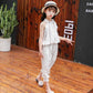 Girls' Suit Summer Thin Korean Vertical Stripe Printing Two Piece Set Bow Top Capris Casual Wear Breathable