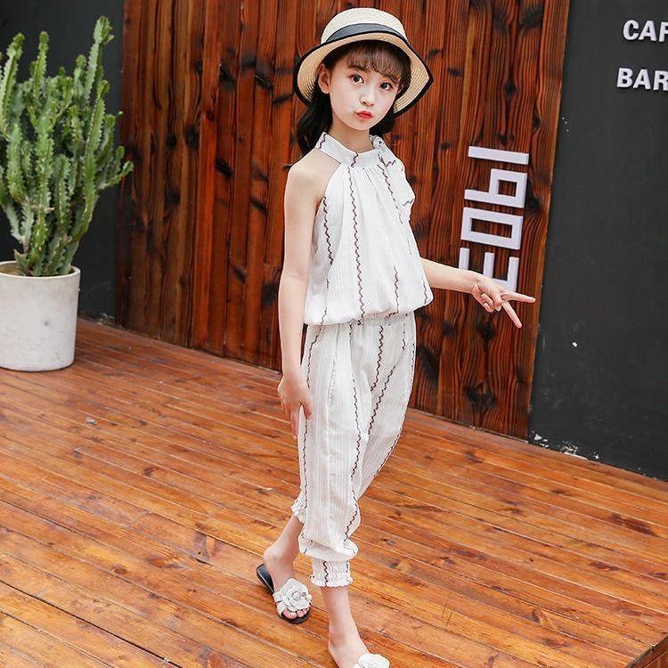 Girls' Suit Summer Thin Korean Vertical Stripe Printing Two Piece Set Bow Top Capris Casual Wear Breathable