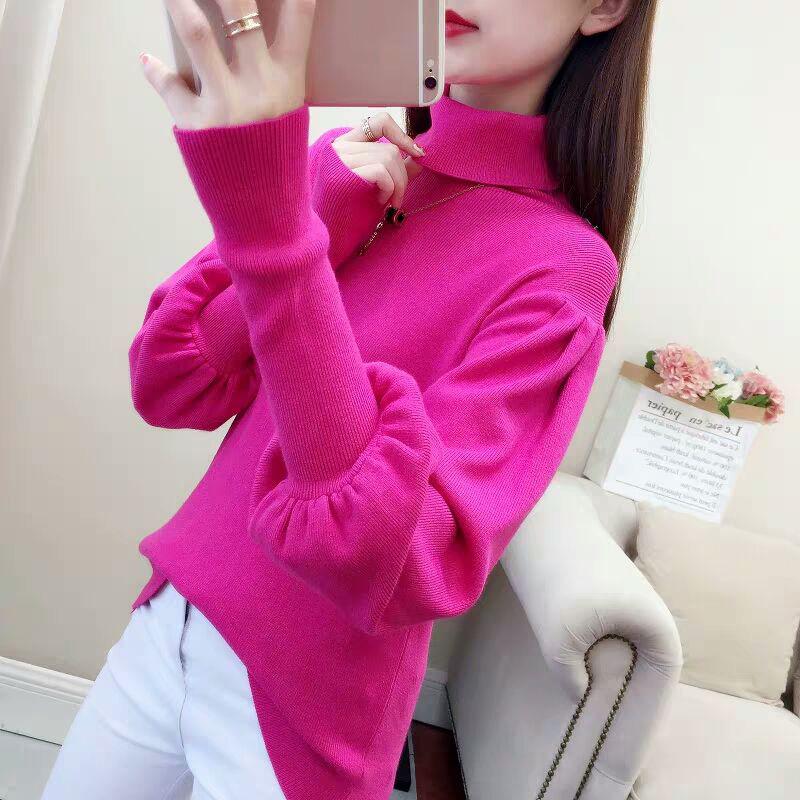 Core-spun High-neck Slim-fit Sweater Women Autumn and Winter Lantern Sleeve Knit Top Fashion Loose Bottoming Shirt Tide