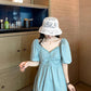 Women's Summer Puff Sleeve Dress Slim Solid Color V-neck A-line Skirt