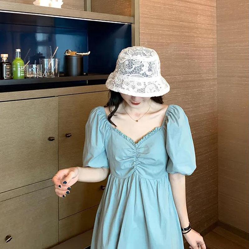 Women's Summer Puff Sleeve Dress Slim Solid Color V-neck A-line Skirt