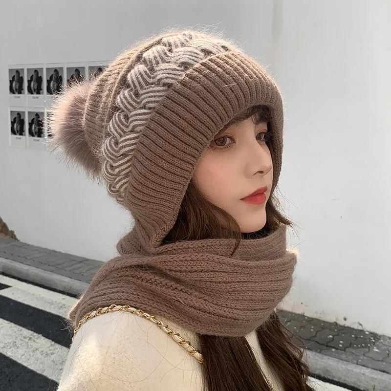 Winter Women's Scarf Hat One-piece Korean Fashion Warm Wool Knitted Hat One-piece Bib Plus Velvet Thick Windproof Bib Hat