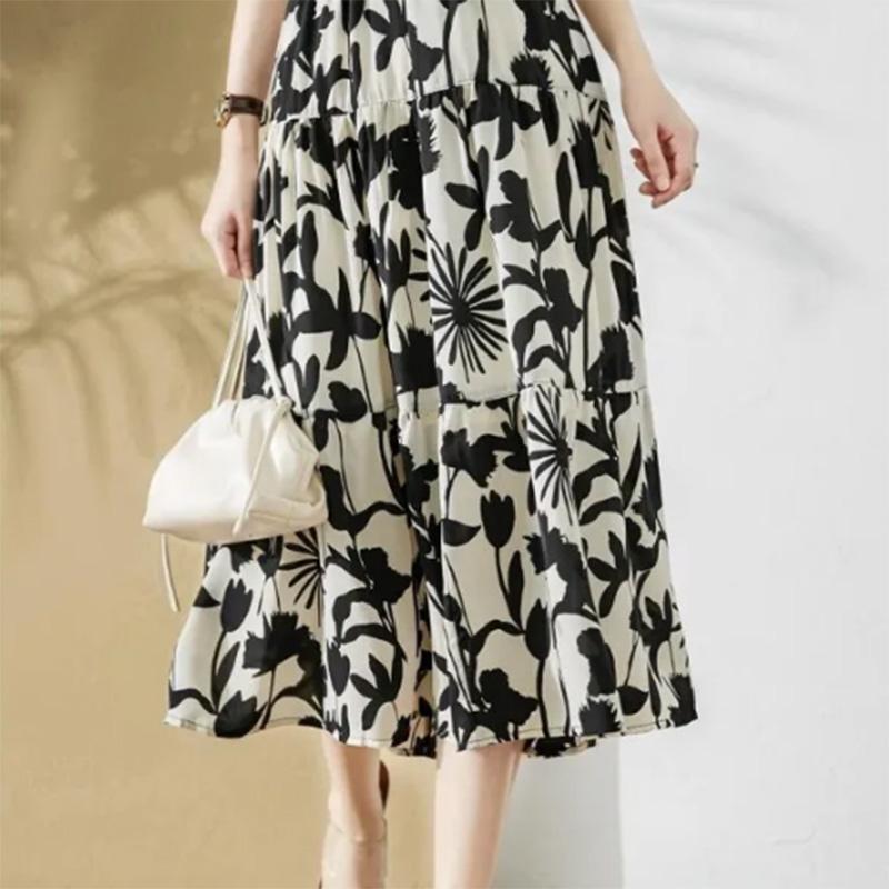 Women's Chiffon Drape A-line Skirt High Waist Skirt Summer Print Loose Mid-Length Mom Skirt Versatile