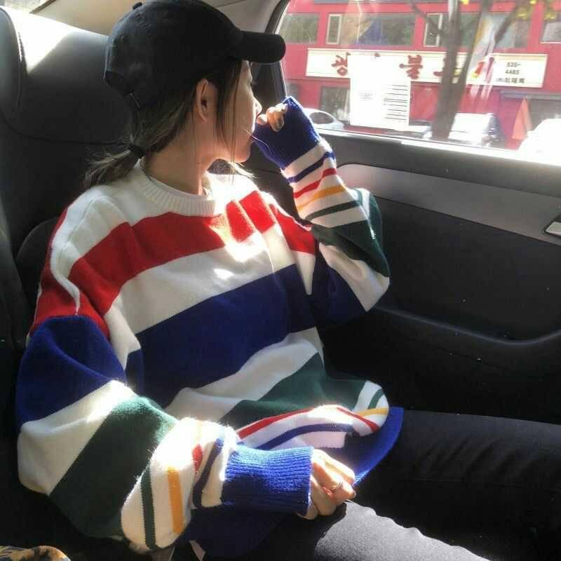Pofulove Striped Sweater Loose Autumn Winter Korean Lazy Wild Round Neck Pullover Coat Schoolgirl