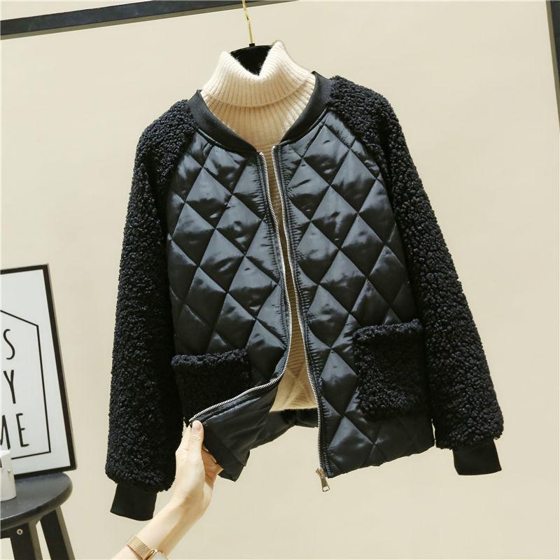 Cotton Jacket Women's Short Korean Version of Loose Lamb-like Wool Stitching Cotton-padded Jacket Small Quilted Jacket Winter Jacket