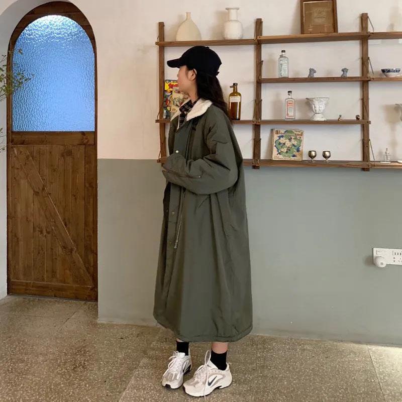 Ladies Lamb Wool Tooling Jacket Hong Kong Style Loose Quilted Jacket Over The Knee Loose Parkas