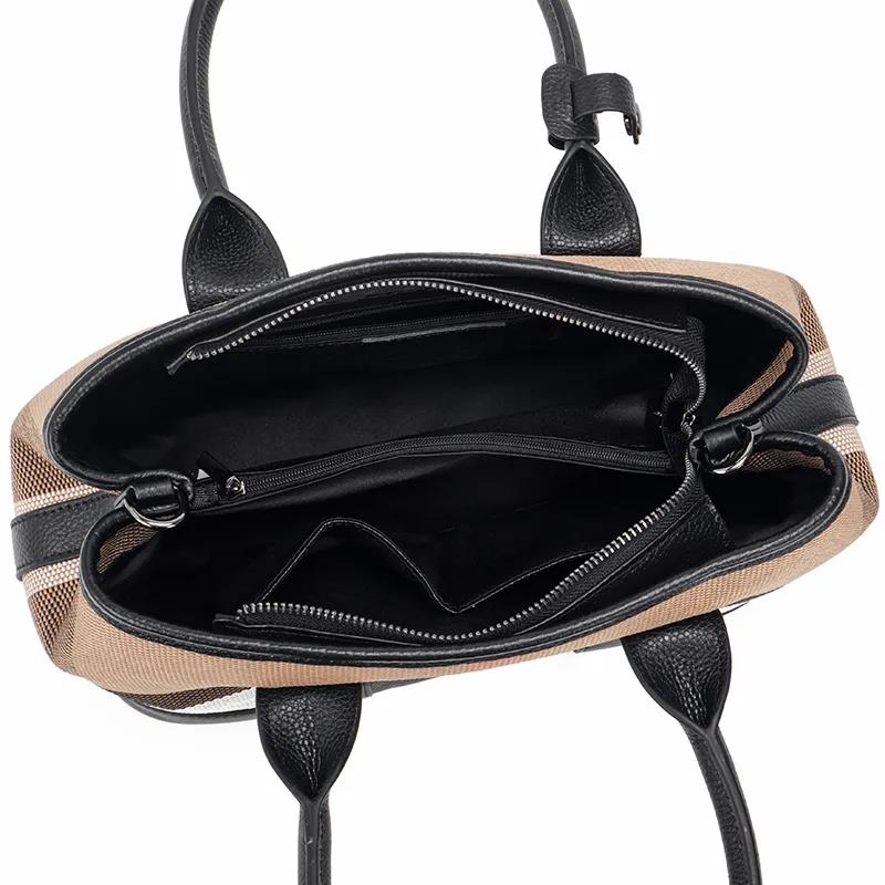 Leather Bag Ladies Trend Large Capacity Plaid Canvas Handbag All-match Commuter Shoulder Messenger Bag