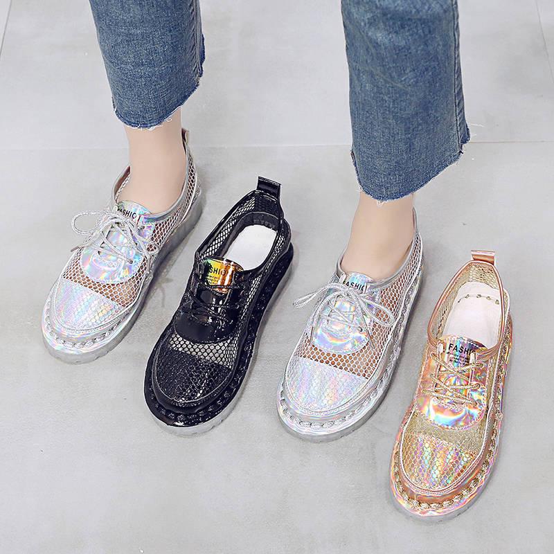 Women Shoes 2020 Fashion Summer Casual White Shoes Cutouts Lace Canvas Hollow Breathable Platform Flat Shoes Woman Sneakers