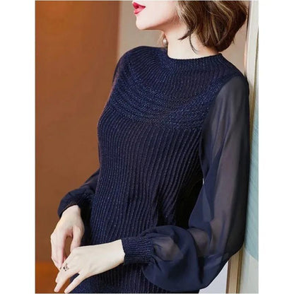 Temperament Lantern Sleeve Ladies Top Wear Mesh Half Turtleneck Knit Bottoming Shirt Long Sleeve Thin