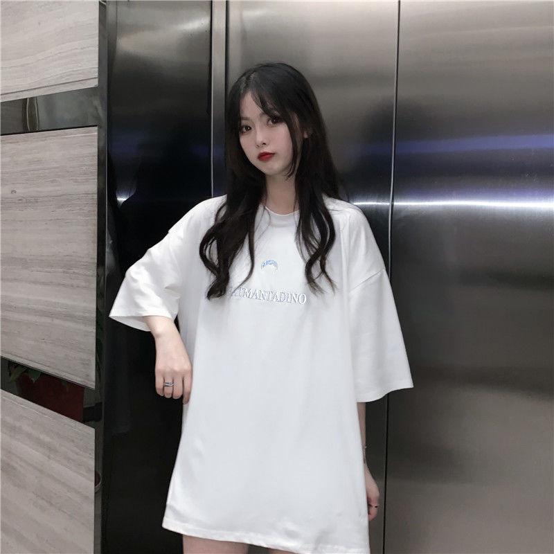Letter Moon Pattern Embroidery T-Shirt Solid Cotton Simple Breathable Tee Female Casual Short Sleeves Hipster Tops