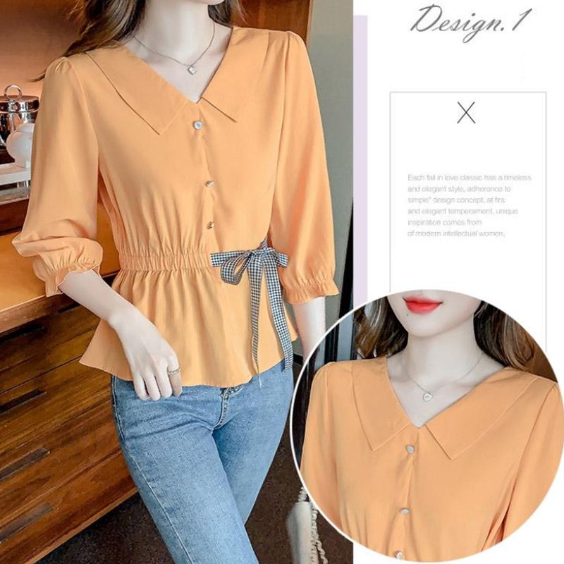 Doll Collar Shirt Women's Summer Lace Waist Cover Belly Shirt Three-quarter Sleeves