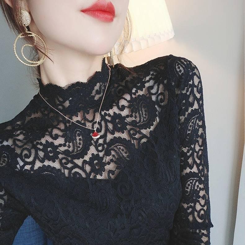 Tight Lace Mesh Beauty Tops Female Half High Collar Bottoming Blouse Feminine Sexy Blouse