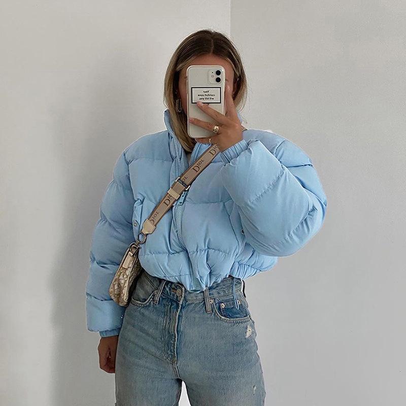 2021 New Women Parkas Thick Warm Winter Jackets Solid Black Blue Fashion Night Club Sexy Short Coats Crop Tops Turtleneck Casual Female Down Jacket N