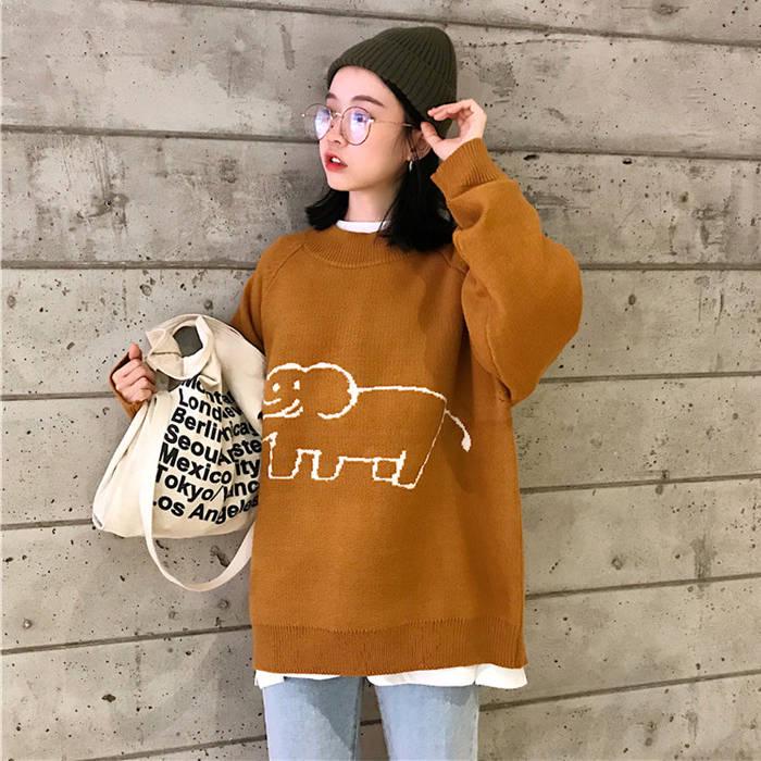 Pofulove Autumn Winter Round Neck Sweater female Loose Wild  Cartoon Pattern Knitted Thin Sweater