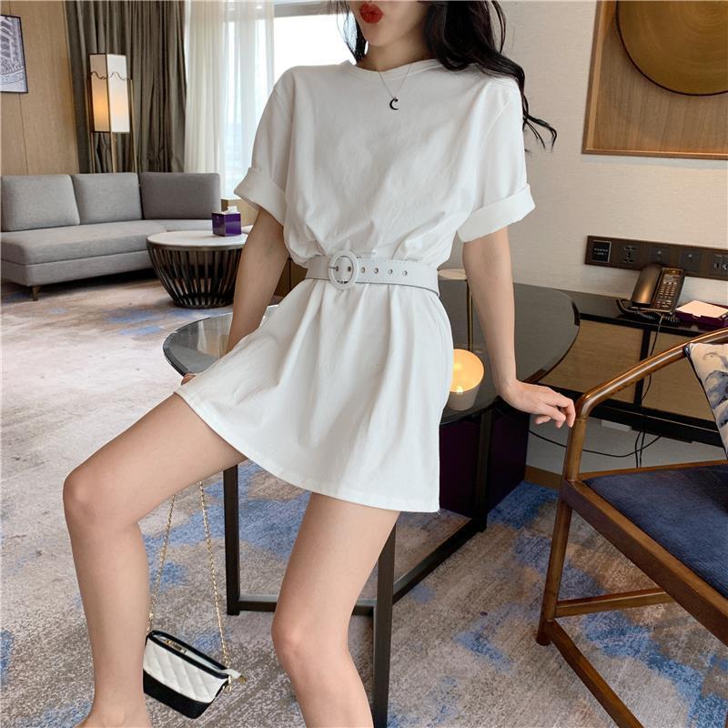 Send A Belt T-shirt Female Mid-length Short-sleeved Loose All-match T-shirt Dress Solid Color Students