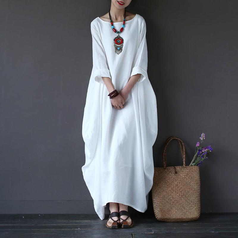 S-XXXXXL Summer Cotton and Linen 3/4 sleeved Full Length Large Size Loose Casual Solid Color Dress