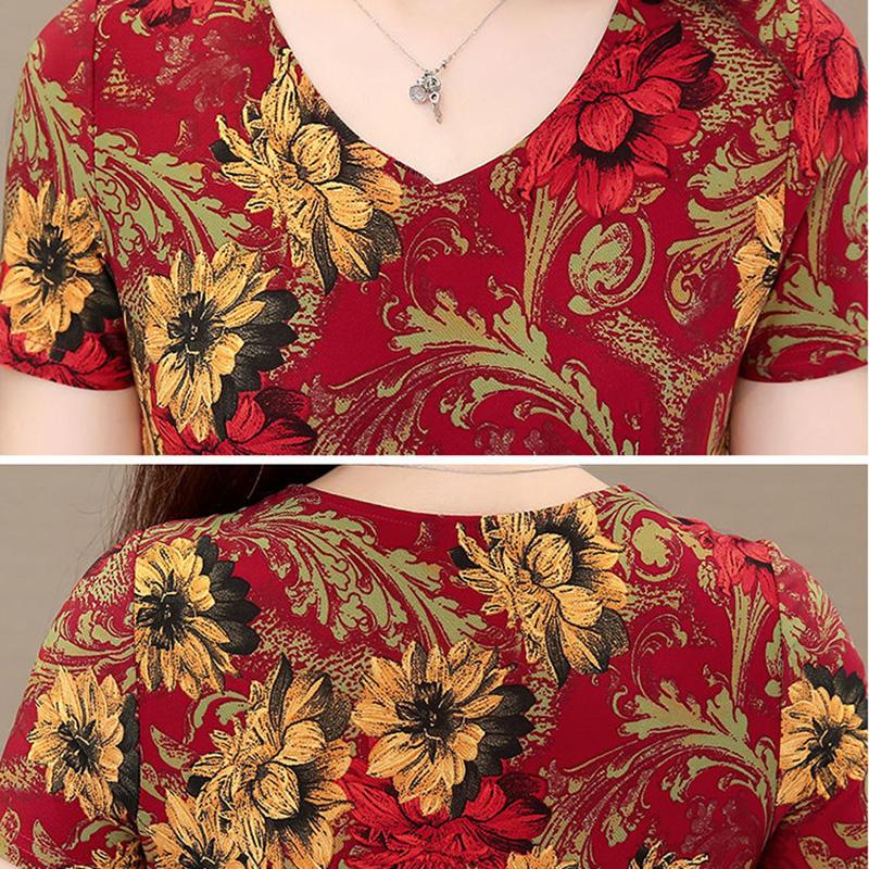 Summer Women's Short-sleeved Women's Dress V-neck Printed Long Dress Slim Fit Thin Large Swing Dress A-line Waist Dress Rice Fabric Is Soft and Light