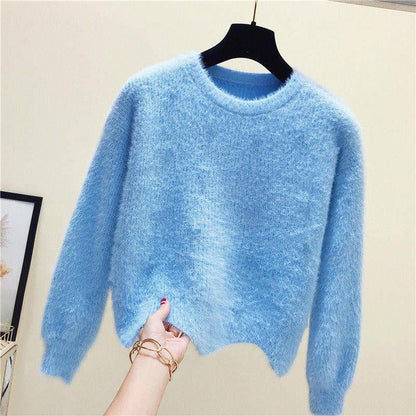 Pofulove 8 Colors Cute Long Latern Sleeve Knitted Shirt O-neck Loose Blouse Simple Color Sweaters