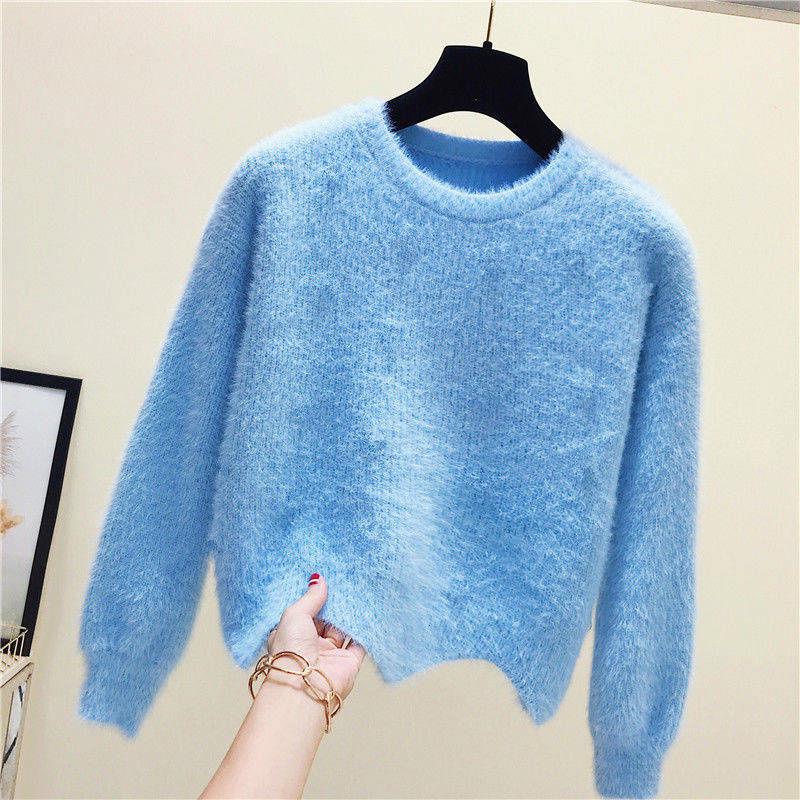 Autumn Winter Women's Knitted Pullovers Sweater O-NECK Lantern Sleeve Mink Cashmere Thick Keep Warm
