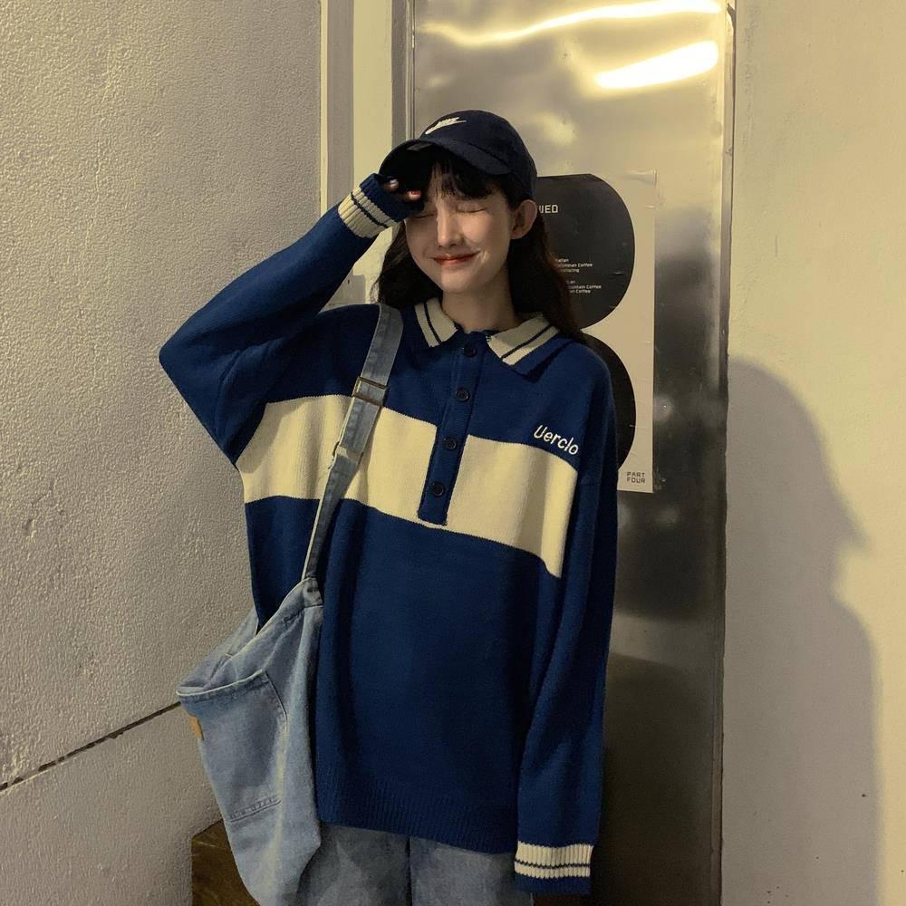 Pofulove Winter Polo Collar College Knitted Sweater Female Loose Mid-length Stitching Jacket