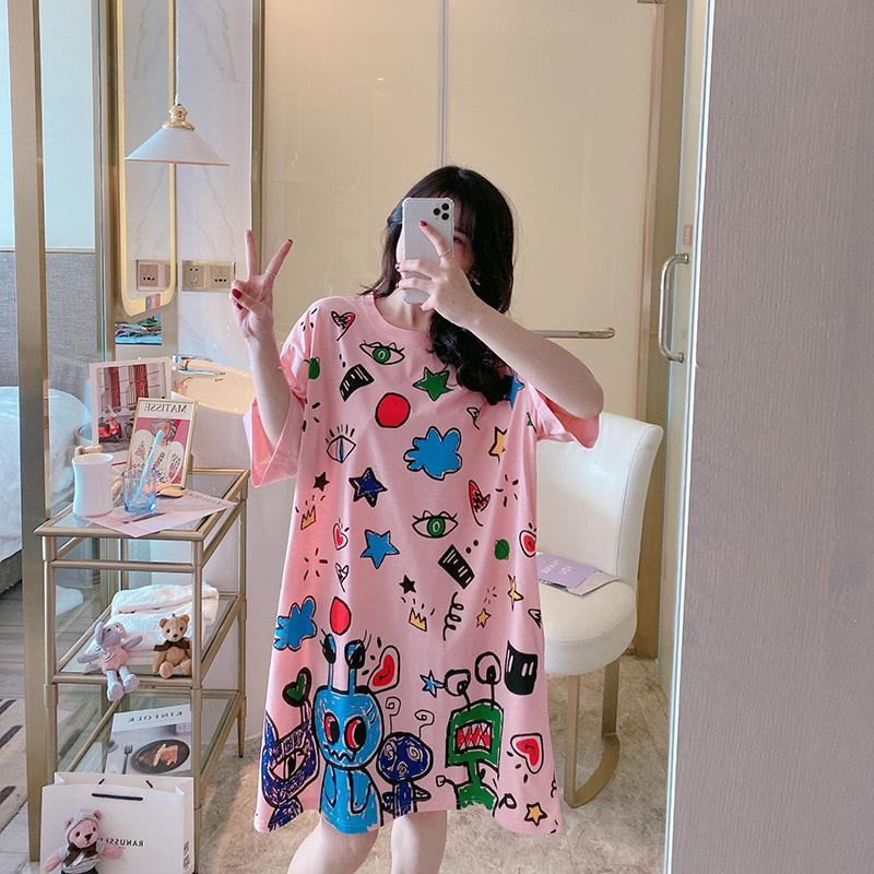 Painted Graffiti Women Dress Girl Loose O-Neck Casual Long T-shirt Dress Big Loose Home Outer