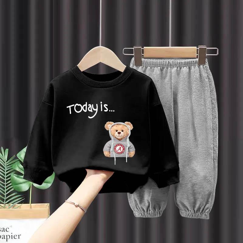 Boys Suit Spring and Autumn Cute Pullover Round Neck Long-sleeved Sweater Gray Trousers Children's Casual Girls Loose Sweater Two-piece Set