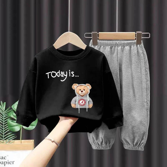 Boys Suit Spring and Autumn Cute Pullover Round Neck Long-sleeved Sweater Gray Trousers Children's Casual Girls Loose Sweater Two-piece Set