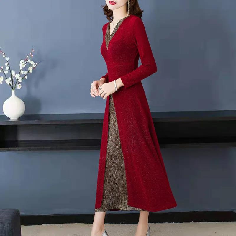 Dress Temperament High-end Fake Two-piece Slim Waist and Thin Spring Long-sleeved Slit Long Dress Women's Clothing