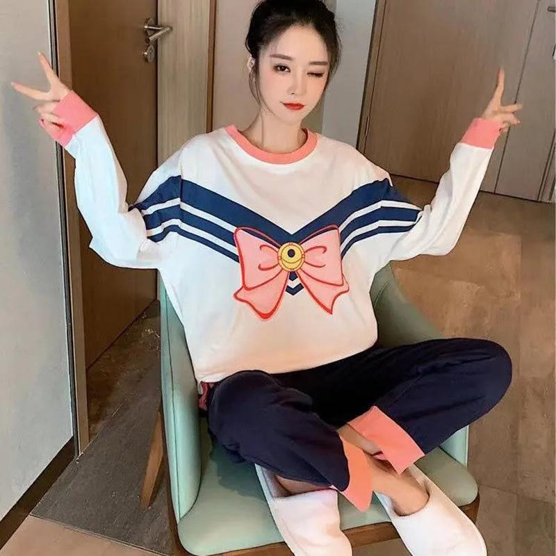 Spring and Autumn Women's Pajamas Set Cute Bow Printed Pajamas Set Plus Size Long Sleeves Outer Wear Casual Home Wear Two-Piece Set