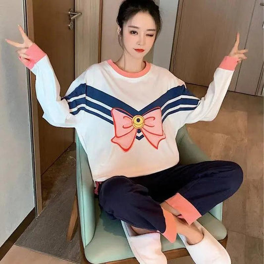 Spring and Autumn Women's Pajamas Set Cute Bow Printed Pajamas Set Plus Size Long Sleeves Outer Wear Casual Home Wear Two-Piece Set