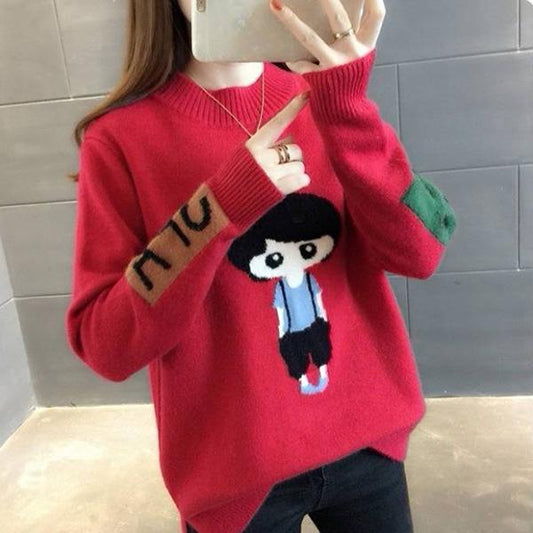Autumn and Winter Warm Turtleneck Sweater Cartoon Jacquard Bottoming Shirt Loose Long Sleeve Sweater
