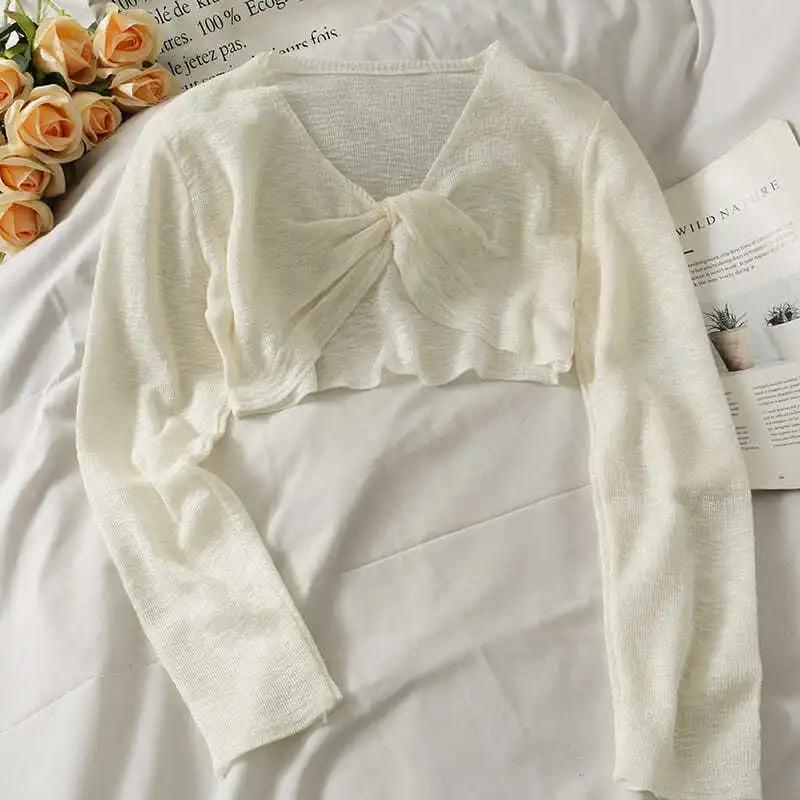 Blouse Women's Knitted Blouse Small Irregular Short Section Knotted Thin Section Summer V-neck Long-sleeved Women’s Tops