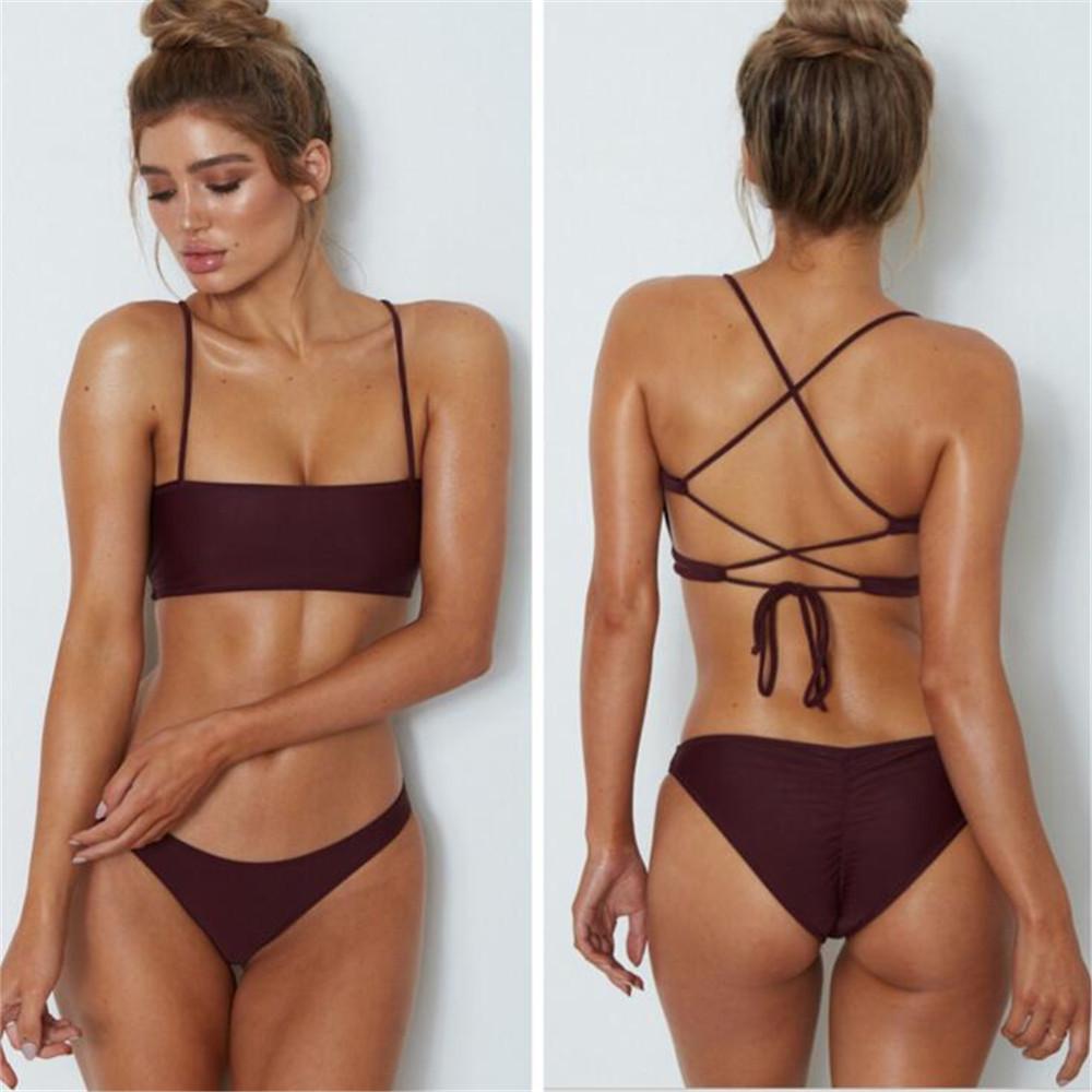 WTEMPO Solid Color Bikini Ladies Cross Bandage Swimsuit with Chest Pad Sexy Bandeau High Quality