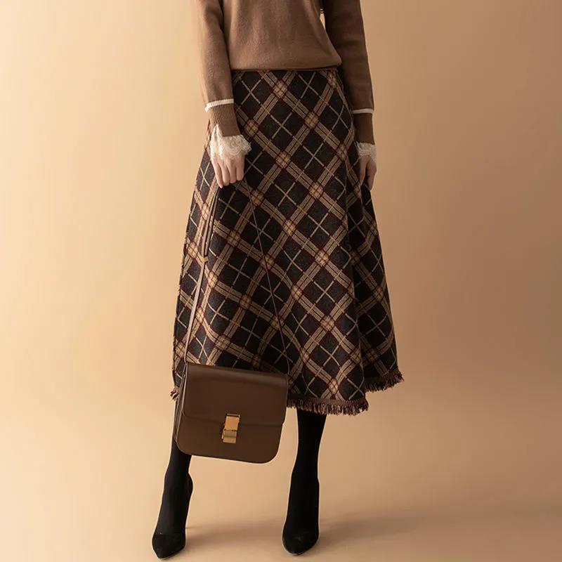Diamond Plaid Knitted Skirt Autumn and Winter Women's High Waist Mid-length A-line Skirt Umbrella Skirt Skirt