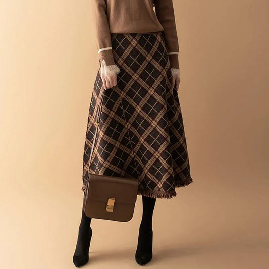 Diamond Plaid Knitted Skirt Autumn and Winter Women's High Waist Mid-length A-line Skirt Umbrella Skirt Skirt