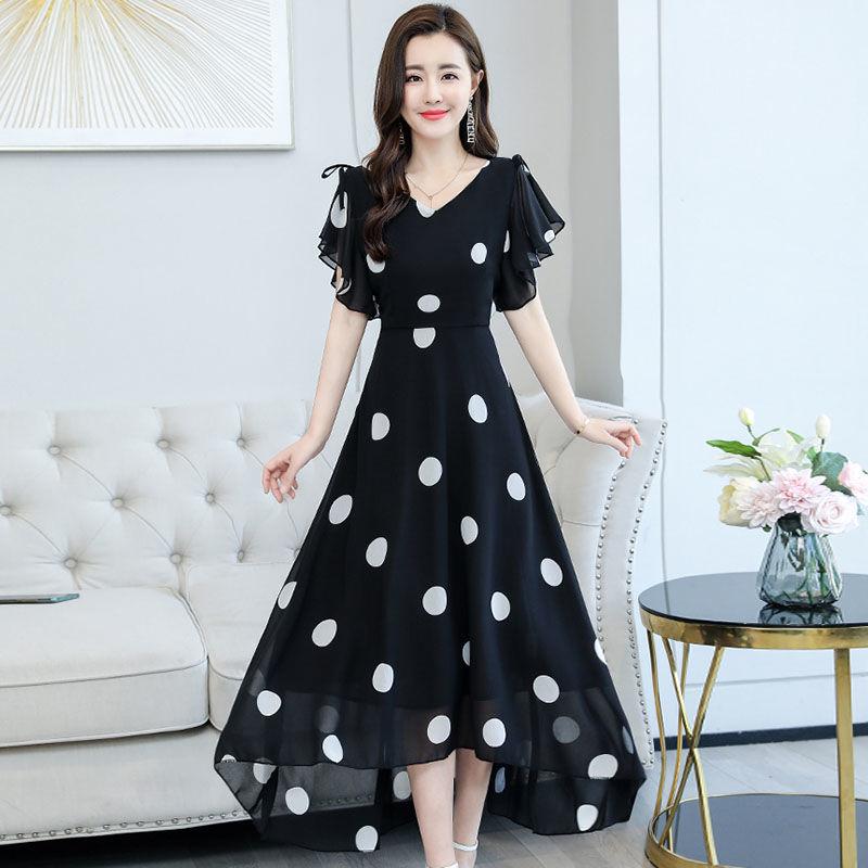 Women's Short Batwing Sleeve Ruffle Polka Dot Chiffon Dress  V-Neck Calf Length Daily Dating Party Office Wear