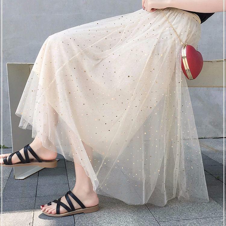 Women's Tulle Plain Pleated Skirt 2020 Pink Beige White Mesh Midi Skirt High Waist Woman Skirts