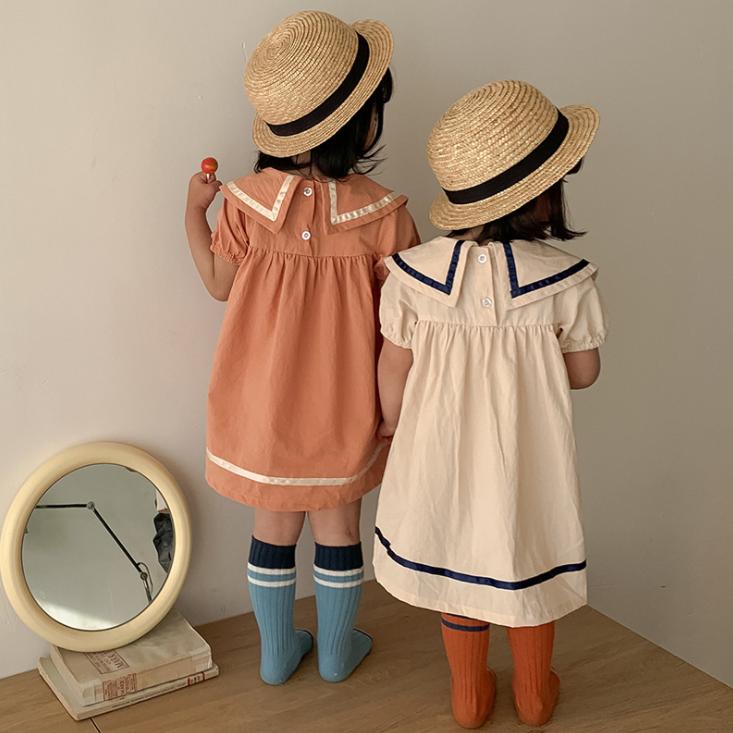Summer Children's Clothing College Navy Girl's Dress Turn-down Neck Korean Style Baby Girl Skirt Short Sleeve