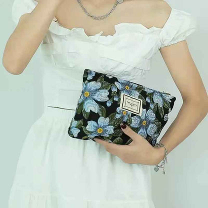 Blue Jacquard Cosmetic Bag Women's Retro Literary Simple and Elegant Flowers Convenient Small Bag
