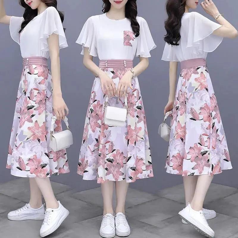 Women's Summer Clothing Set Elegant Butterfly Sleeve Chiffon Top High Waist Printed A-Line Hip Dress Two Piece Set Summer Plus Size Beach Dress Suit