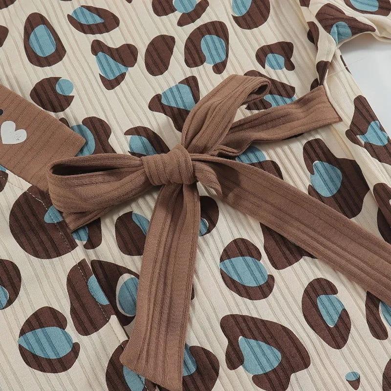 Women's Leopard-print Cotton Pajamas Set V-neck Long-sleeves Pyjama Set Japanese Kimono House Wear Loose Top Pants Two-piece Set