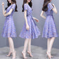 Pofulove S-3XL Women O-neck Chiffon Plaid Dress with Belt Slim Sexy Short-sleeved Long A-line Dress