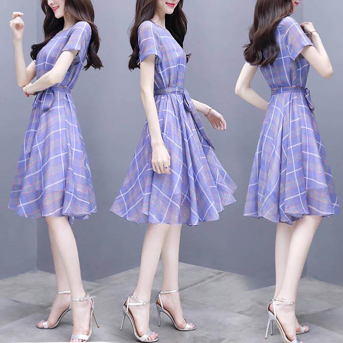 Pofulove S-3XL Women O-neck Chiffon Plaid Dress with Belt Slim Sexy Short-sleeved Long A-line Dress
