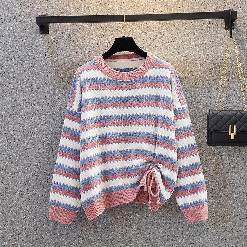 Autumn Winter Women Stripe Knitting Sweaters Korean O-Neck Loose Casual Jumpers Long Sleeve Pullover Tops Girls Sweet Warm Sweater Soft Knitwear Coat