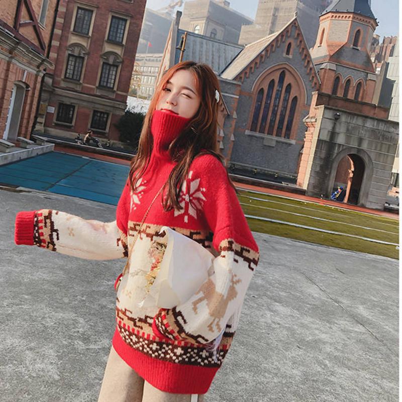 Pofulove Christmas Turtleneck Sweater Women Winter Loose Elk Thickened Pullover Lazy Wind Tide
