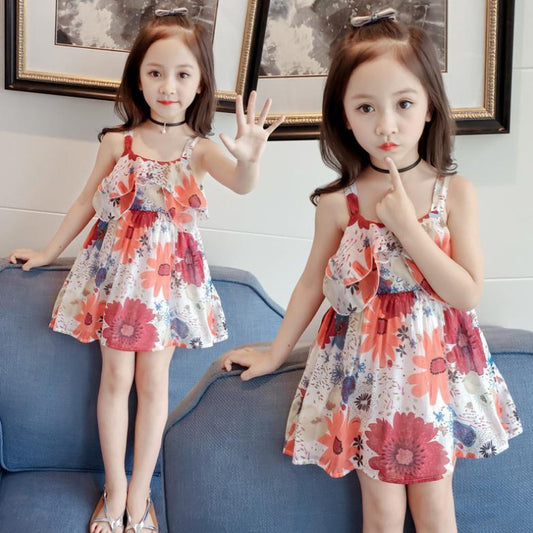 Children's Dress Korean Summer Girl's Lovely Dress Baby Flower National Style Suspender A-line Skirt