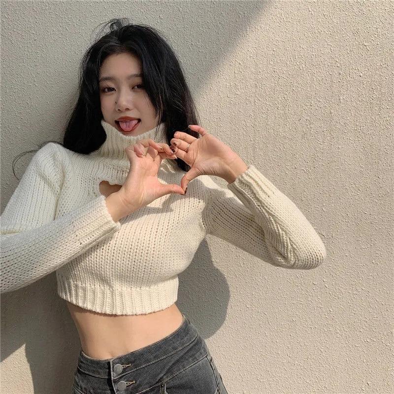 Turtleneck Sweater Women Hollow Out Slim Pullover Sexy Knitwear Korean Solid Color Trend Cropped Sweater Autumn Winter Jumper