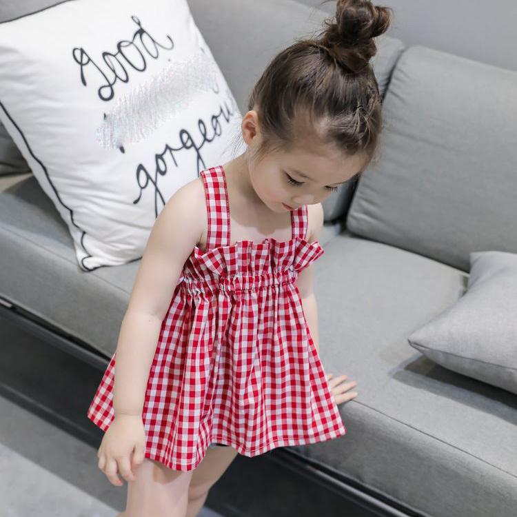 Children Dress Girls Summer Thin Sling Dress Plaid Sleeveless Back Cross Princess Dress Ruffle A-line Dress Suspender Dress